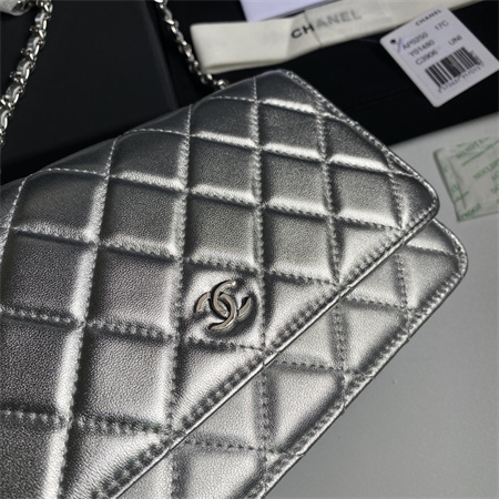 Chanel Wallet On Chain Lambskin Silver Tone Metal Silver AP0250
