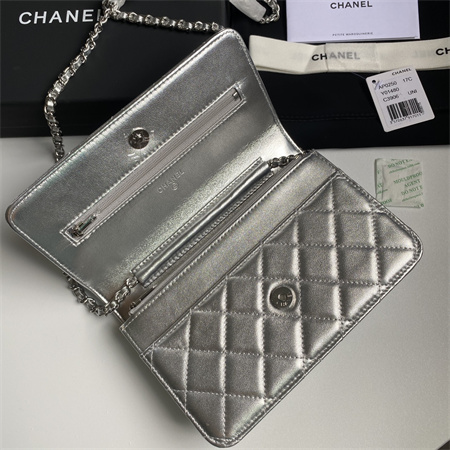 Chanel Wallet On Chain Lambskin Silver Tone Metal Silver AP0250