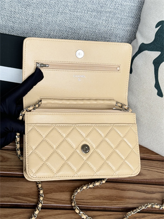 Chanel Wallet On Chain Lambskin Silver Tone Metal Beige AP0250