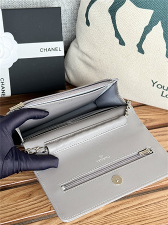 Chanel Wallet On Chain Lambskin Silver Tone Metal Grey AP0250