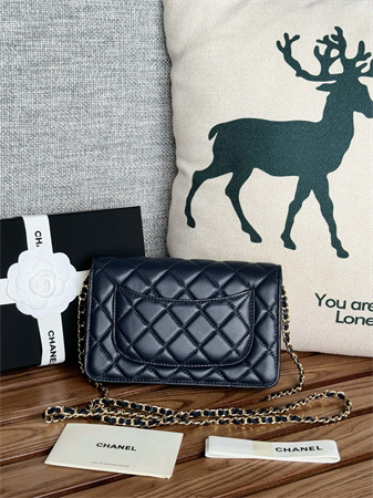 Chanel Wallet On Chain Lambskin Gold Tone Metal Navy AP0250