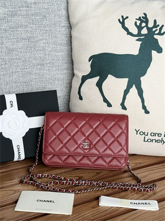 Chanel Wallet On Chain Lambskin Silver Tone Metal Burgundy AP0250