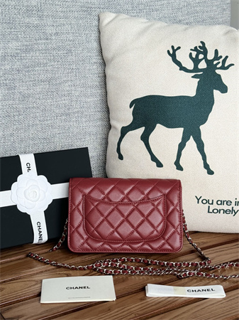 Chanel Wallet On Chain Lambskin Silver Tone Metal Burgundy AP0250