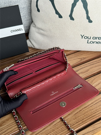 Chanel Wallet On Chain Lambskin Silver Tone Metal Burgundy AP0250