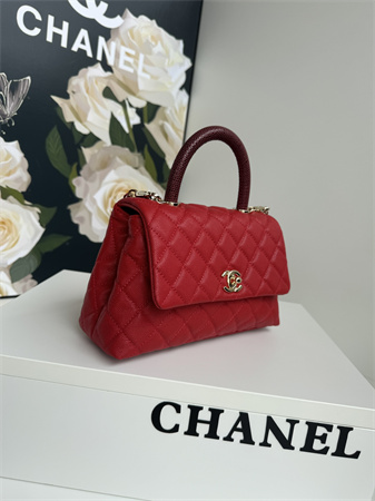 Chanel Small Coco Handle Bag Grained Calfskin Lt Gold Metal Red A92990