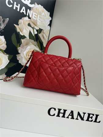 Chanel Small Coco Handle Bag Grained Calfskin Lt Gold Metal Red A92990