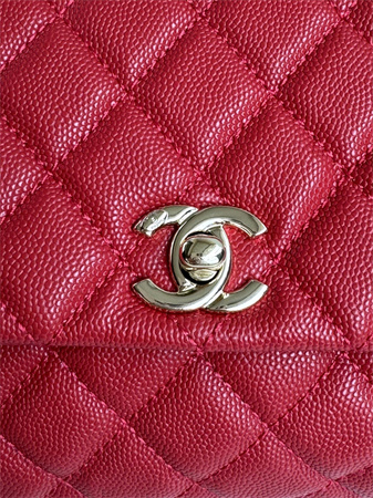 Chanel Small Coco Handle Bag Grained Calfskin Lt Gold Metal Red A92990