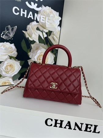 Chanel Small Coco Handle Bag Grained Calfskin Lt Gold Metal Burgundy A92990