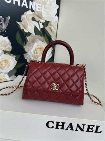 Chanel Small Coco Handle Bag Grained Calfskin Lt Gold Metal Burgundy A92990