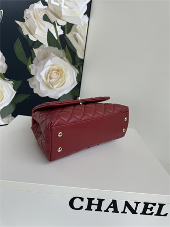 Chanel Small Coco Handle Bag Grained Calfskin Lt Gold Metal Burgundy A92990