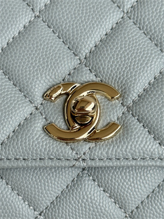 Chanel Small Coco Handle Bag Grained Calfskin Lt Gold Metal Blue A92990