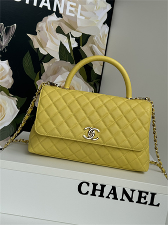 Chanel Large Coco Handle Bag Grained Calfskin Lt Gold Metal Yellow A92991
