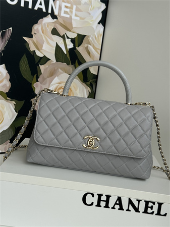 Chanel Large Coco Handle Bag Grained Calfskin Lt Gold Metal Grey A92991