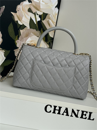 Chanel Large Coco Handle Bag Grained Calfskin Lt Gold Metal Grey A92991