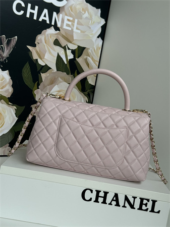 Chanel Large Coco Handle Bag Grained Calfskin Lt Gold Metal Lt Pink A92991