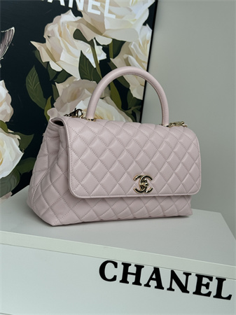 Chanel Large Coco Handle Bag Grained Calfskin Lt Gold Metal Lt Pink A92991