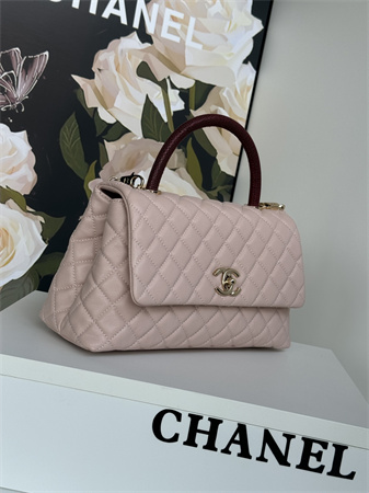Chanel Large Coco Handle Bag Grained Calfskin Lt Gold Metal Pink A92991
