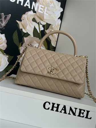 Chanel Large Coco Handle Bag Grained Calfskin Lt Gold Metal Beige A92991
