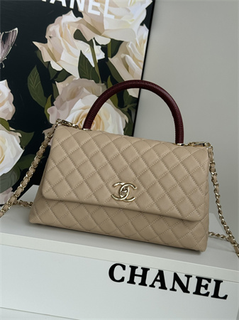 Chanel Large Coco Handle Bag Grained Calfskin Lt Gold Metal Beige A92991