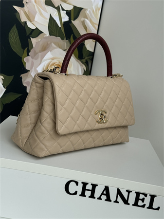 Chanel Large Coco Handle Bag Grained Calfskin Lt Gold Metal Beige A92991