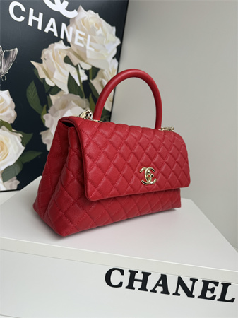 Chanel Large Coco Handle Bag Grained Calfskin Lt Gold Metal Red A92991