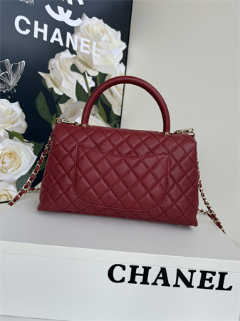 Chanel Large Coco Handle Bag Grained Calfskin Lt Gold Metal Burgundy A92991