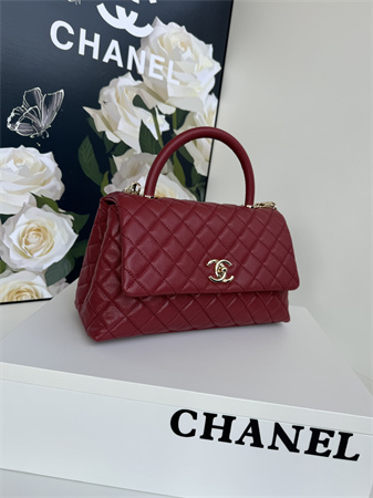 Chanel Large Coco Handle Bag Grained Calfskin Lt Gold Metal Burgundy A92991