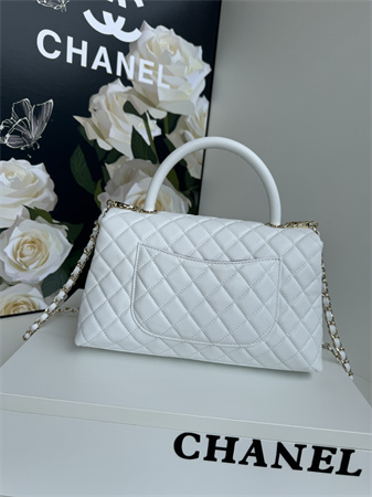 Chanel Large Coco Handle Bag Grained Calfskin Lt Gold Metal White A92991