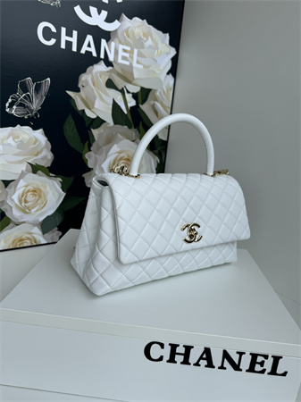 Chanel Large Coco Handle Bag Grained Calfskin Lt Gold Metal White A92991