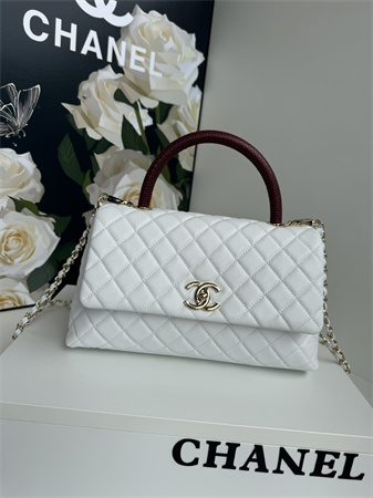 Chanel Large Coco Handle Bag Grained Calfskin Lt Gold Metal White A92991