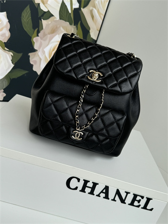 Chanel Duma Backpack  Calfskin Gold Tone Metal Black AS3618
