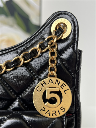 Chanel Hobo Handbag Shiny Crumpled Calfskin Gold Tone Metal Black AS4322