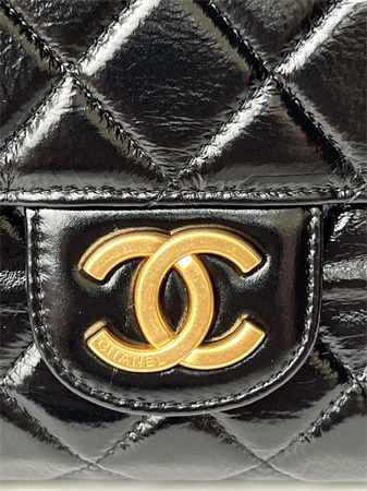 Chanel Hobo Handbag Shiny Crumpled Calfskin Gold Tone Metal Black AS4322
