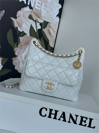 Chanel Hobo Handbag Shiny Crumpled  Calfskin Gold Tone Metal White AS4322