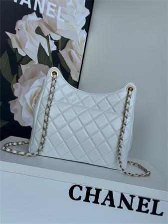 Chanel Hobo Handbag Shiny Crumpled  Calfskin Gold Tone Metal White AS4322