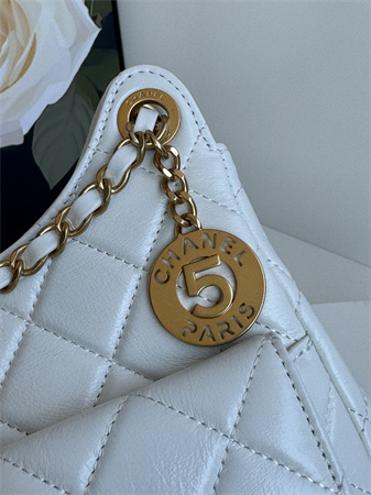 Chanel Hobo Handbag Shiny Crumpled  Calfskin Gold Tone Metal White AS4322