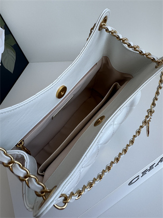 Chanel Hobo Handbag Shiny Crumpled  Calfskin Gold Tone Metal White AS4322