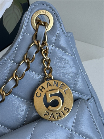 Chanel Hobo Handbag Shiny Crumpled  Calfskin Gold Tone Metal Blue AS4322
