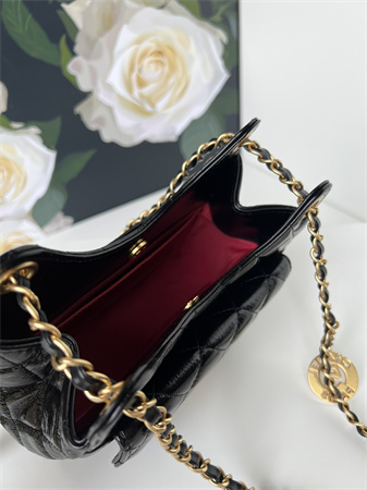 Chanel Small Hobo Handbag Shiny Crumpled Calfskin Gold Tone Metal Black AS4323