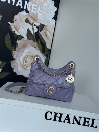 Chanel Small Hobo Handbag Shiny Crumpled  Calfskin Gold Tone Metal Lt Pruple AS4323