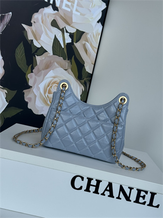 Chanel Small Hobo Handbag Shiny Crumpled  Calfskin Gold Tone Metal Blue AS4323