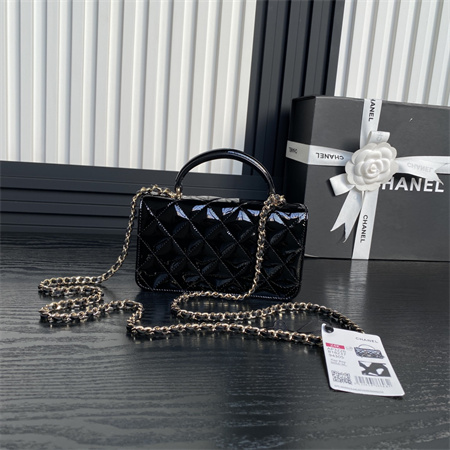 Chanel FLAP PHONE HOLDER WITH CHAIN Patent Calfskin Gold-Tone Metal Black AP3226