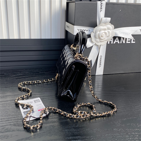 Chanel FLAP PHONE HOLDER WITH CHAIN Patent Calfskin Gold-Tone Metal Black AP3226