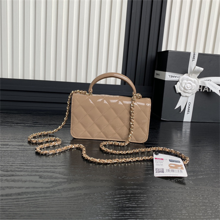 Chanel FLAP PHONE HOLDER WITH CHAIN Patent Calfskin Gold-Tone Metal Beige AP3226