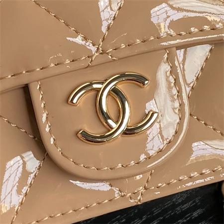 Chanel FLAP PHONE HOLDER WITH CHAIN Patent Calfskin Gold-Tone Metal Beige AP3226