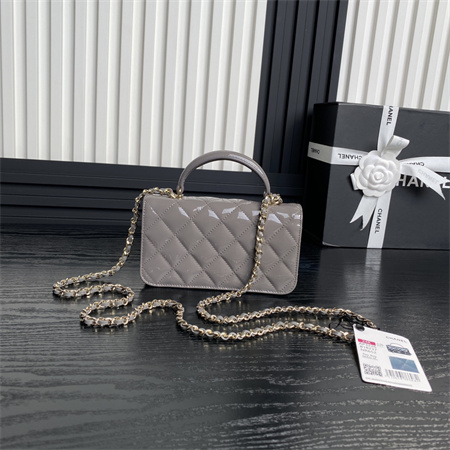 Chanel FLAP PHONE HOLDER WITH CHAIN Patent Calfskin Gold-Tone Metal Grey AP3226