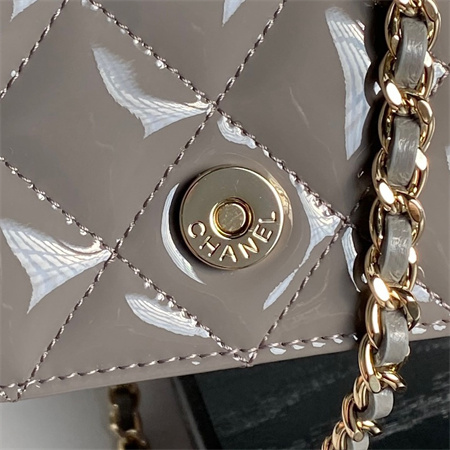 Chanel FLAP PHONE HOLDER WITH CHAIN Patent Calfskin Gold-Tone Metal Grey AP3226