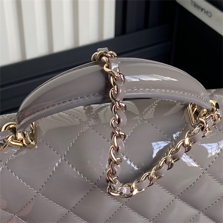 Chanel Mini Flap Bag With Top Handle Patent Calfskin Gold Tone Metal Grey AS2431