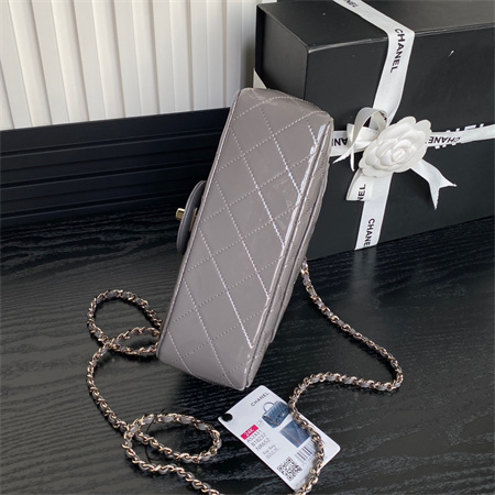 Chanel Mini Flap Bag With Top Handle Patent Calfskin Gold Tone Metal Grey AS2431