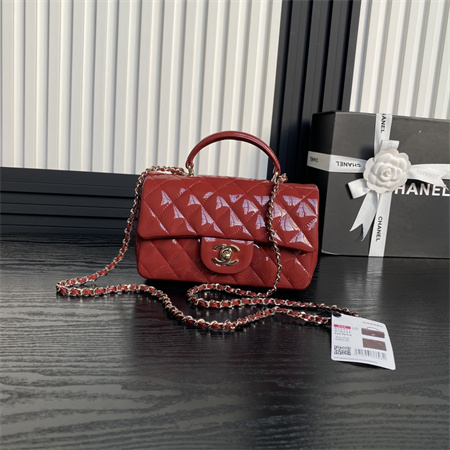 Chanel Mini Flap Bag With Top Handle Patent Calfskin Gold Tone Metal Red AS2431
